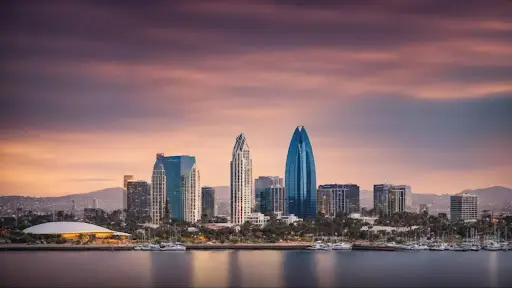 Colorful Skyline San Diego at Night. North San Diego Bay.