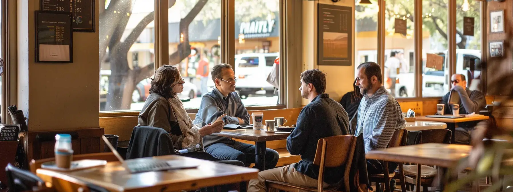 a group of business owners in san diego discussing digital marketing strategies at a coffee shop.