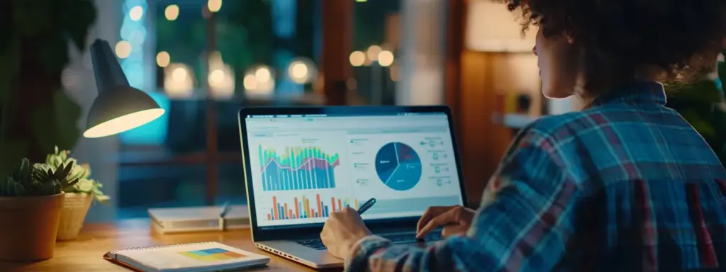 a person sitting at a desk with a laptop and a notepad, looking at a website analytics report on the screen.