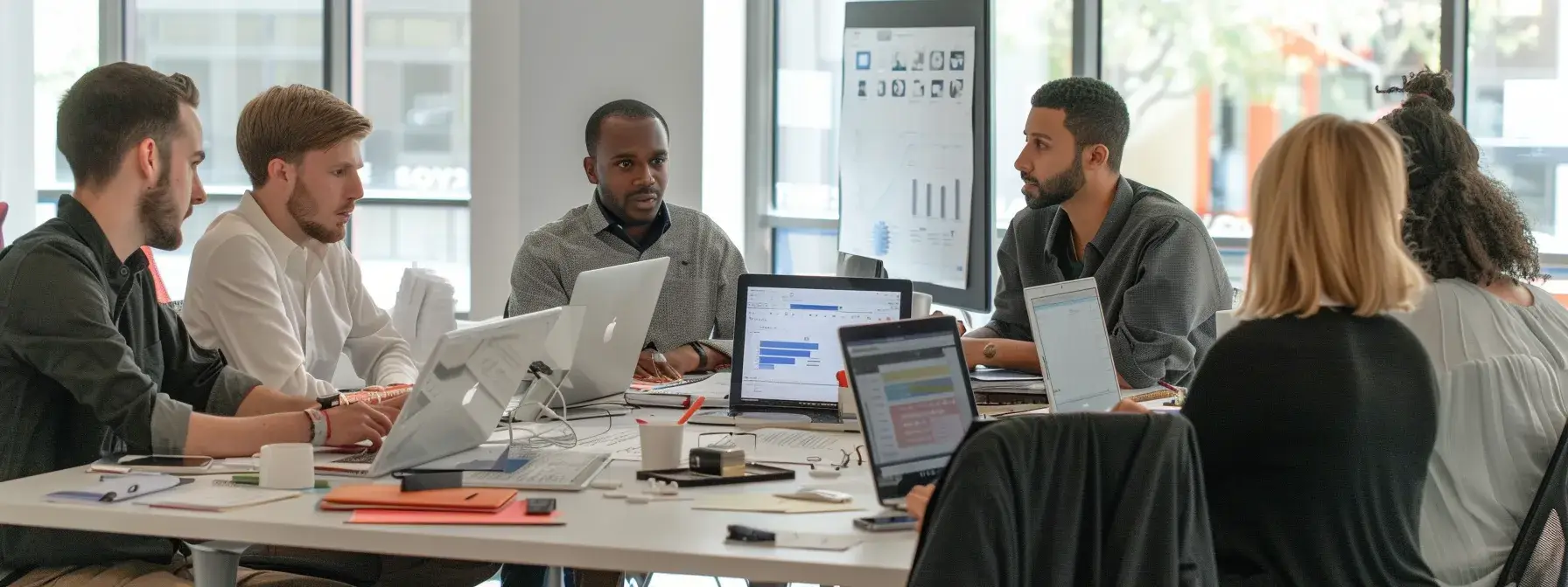 a group of people brainstorming and strategizing with laptops and data charts spread out on a table in a modern office setting.