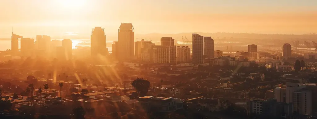 a skyline view of san diego with iconic buildings shining under the sunlight.