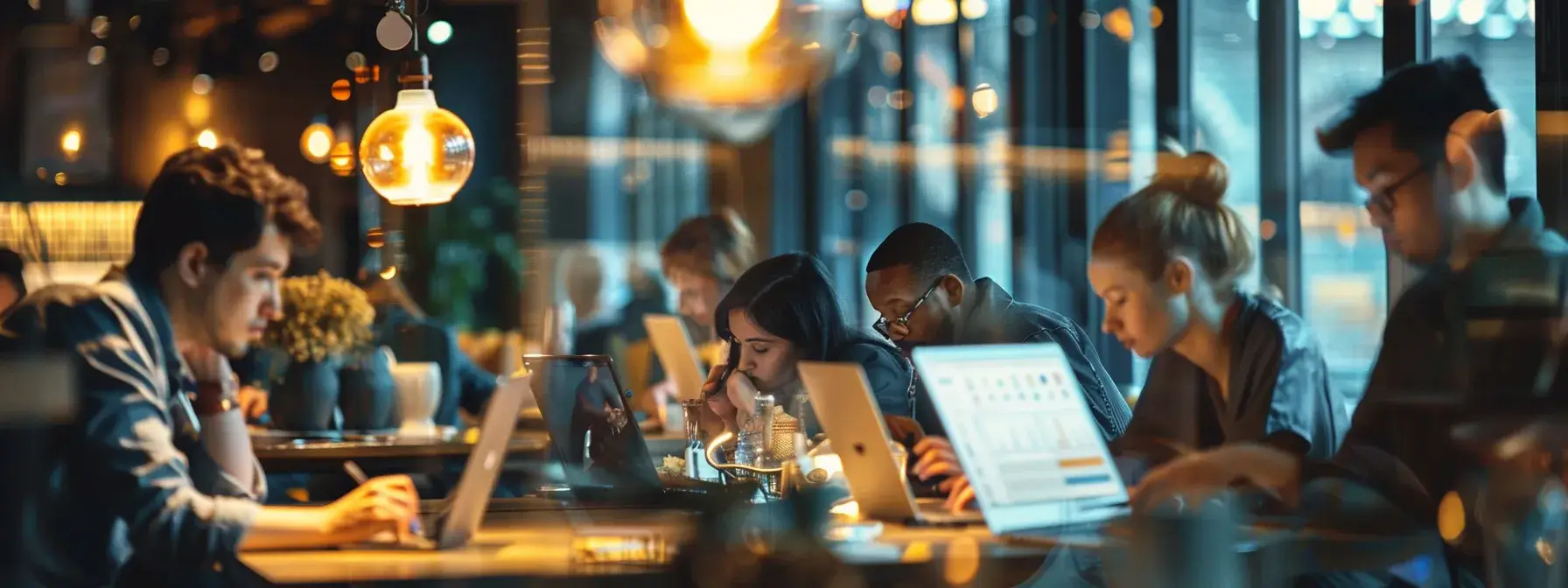 a group of people sitting at laptops, analyzing search engine rankings and google my business listings, with a sense of determination and focus.