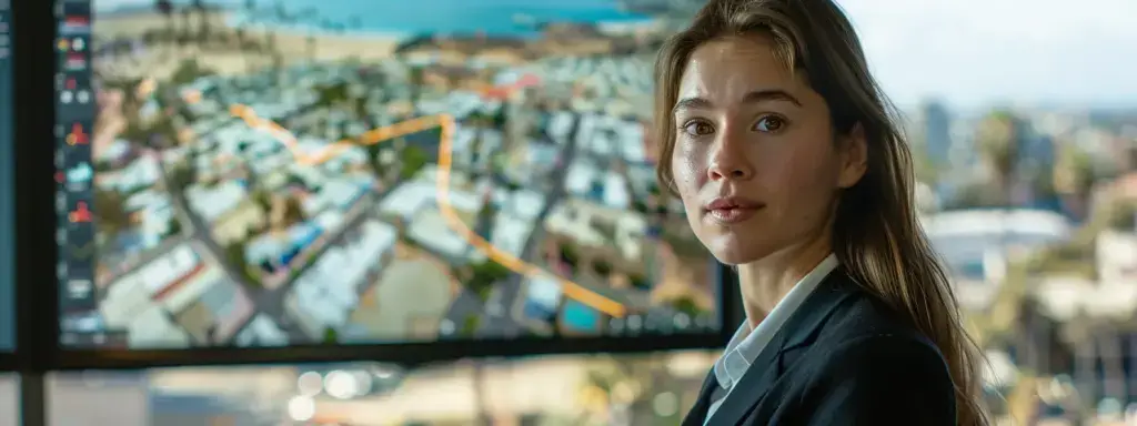 a woman in a business suit standing in front of a computer screen showing a map of san diego with voice search results.