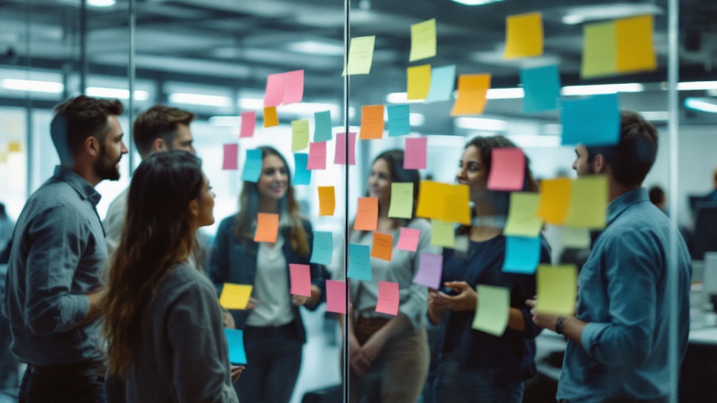 Marketing team brainstorming with sticky notes
