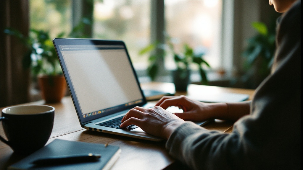 Marketer writing website and email content on a laptop