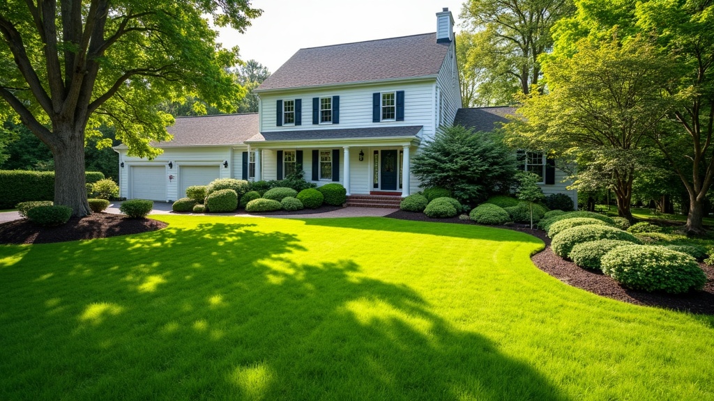 Freshly landscaped green lawn and garden beds, representing a North Boston landscape builder